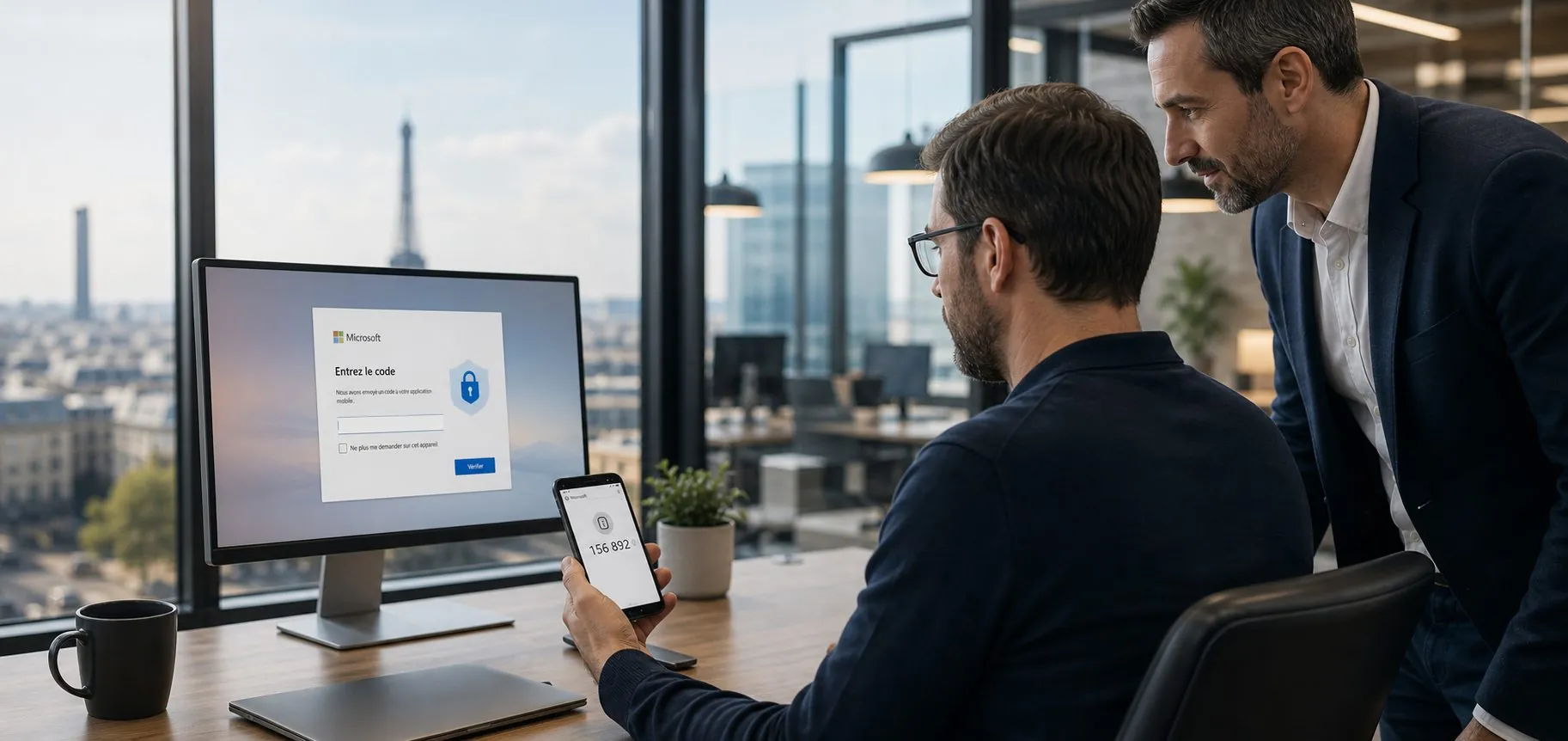 Un employé valide une demande de connexion sur son téléphone devant un écran Microsoft, un collègue debout à ses côtés